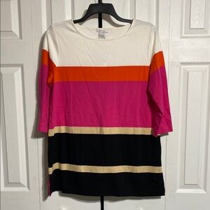 Joan Vass multi color striped knit cotton tunic top shirt size 10 plus